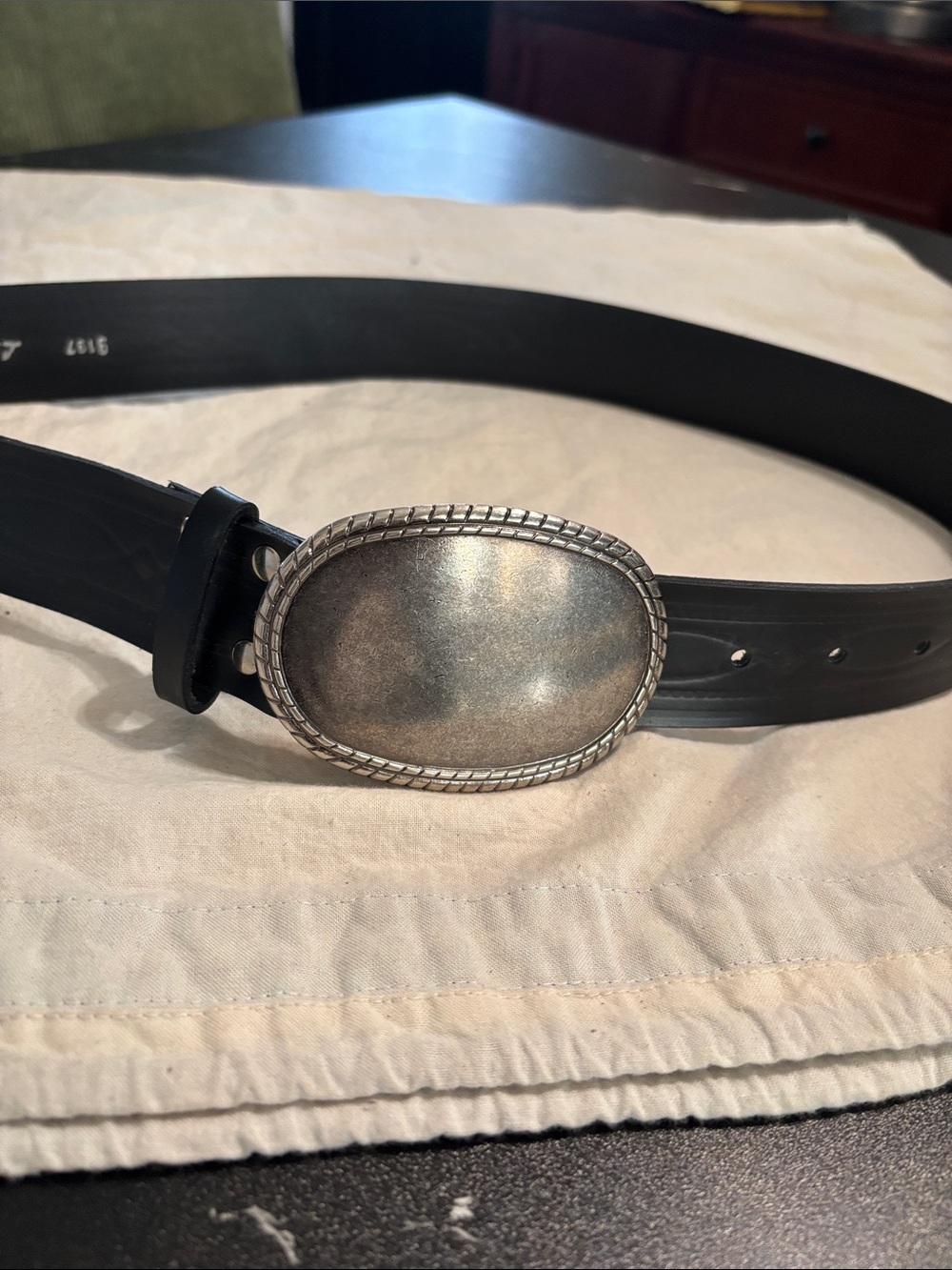 Men's Black Leather Belt with Antiqued Silver Oval Buckle